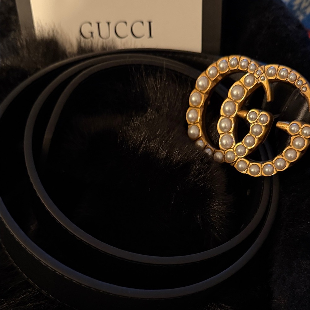 Gucci Black Belt with Pearl-Embellished Gold GG Buckle